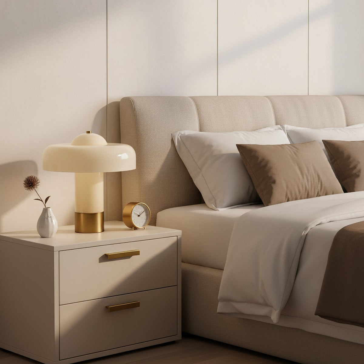 Beige glass table lamp on a bedside cabinet
