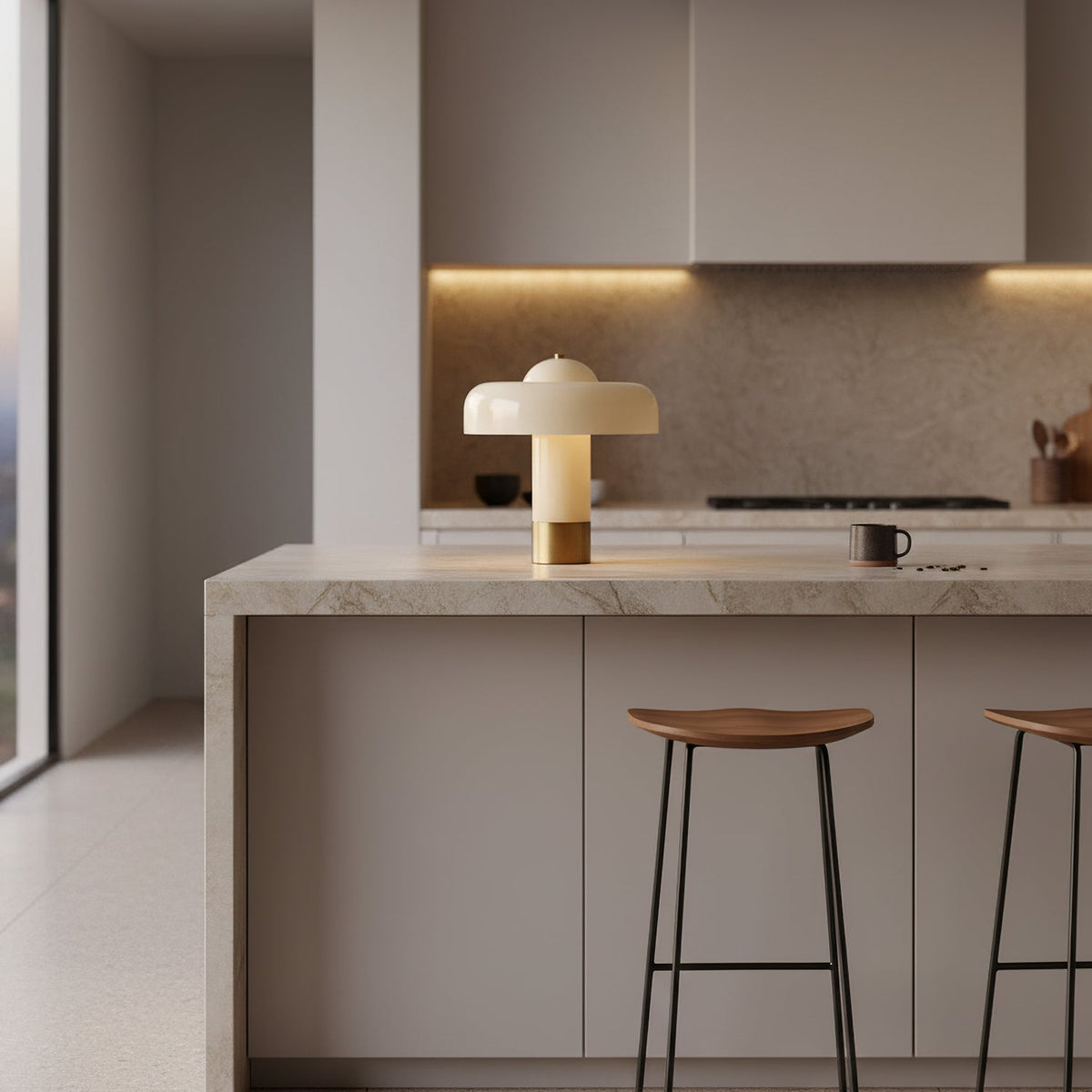 Glass column lamp on a kitchen island