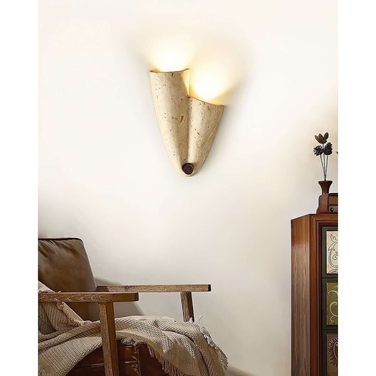 Beige Travertine Wall Light with Folded Twin Shades — product view 9