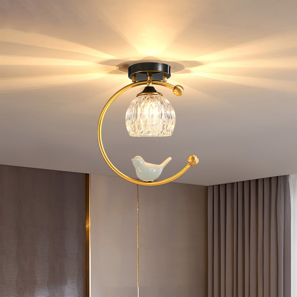 Bird and Textured Glass Semi-Flush Ceiling Light
