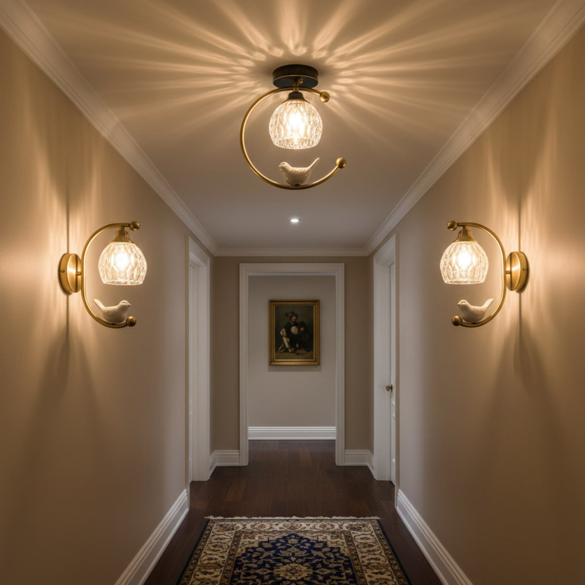 Bird and Textured Glass Semi-Flush Ceiling Light