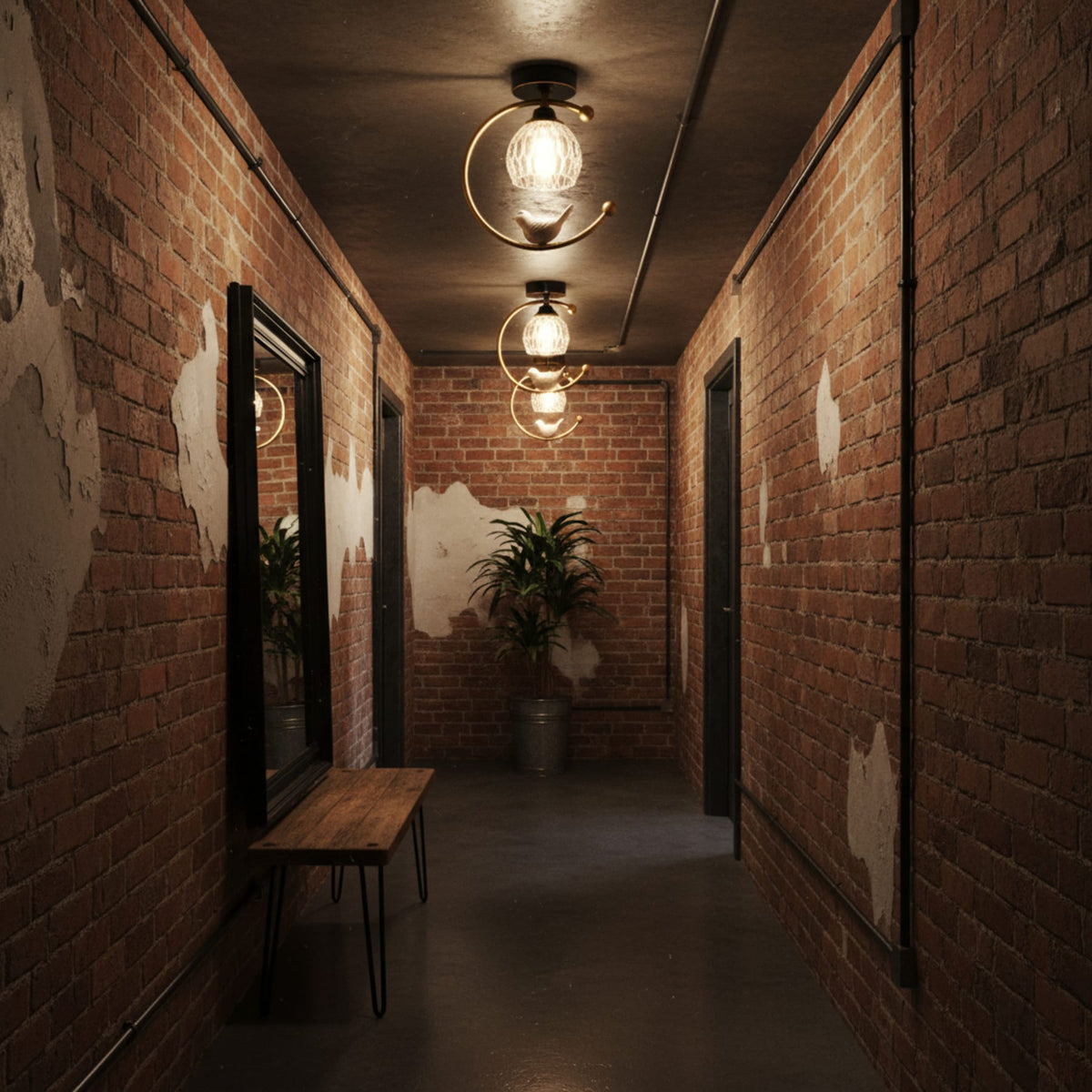 Bird and Textured Glass Semi-Flush Ceiling Light