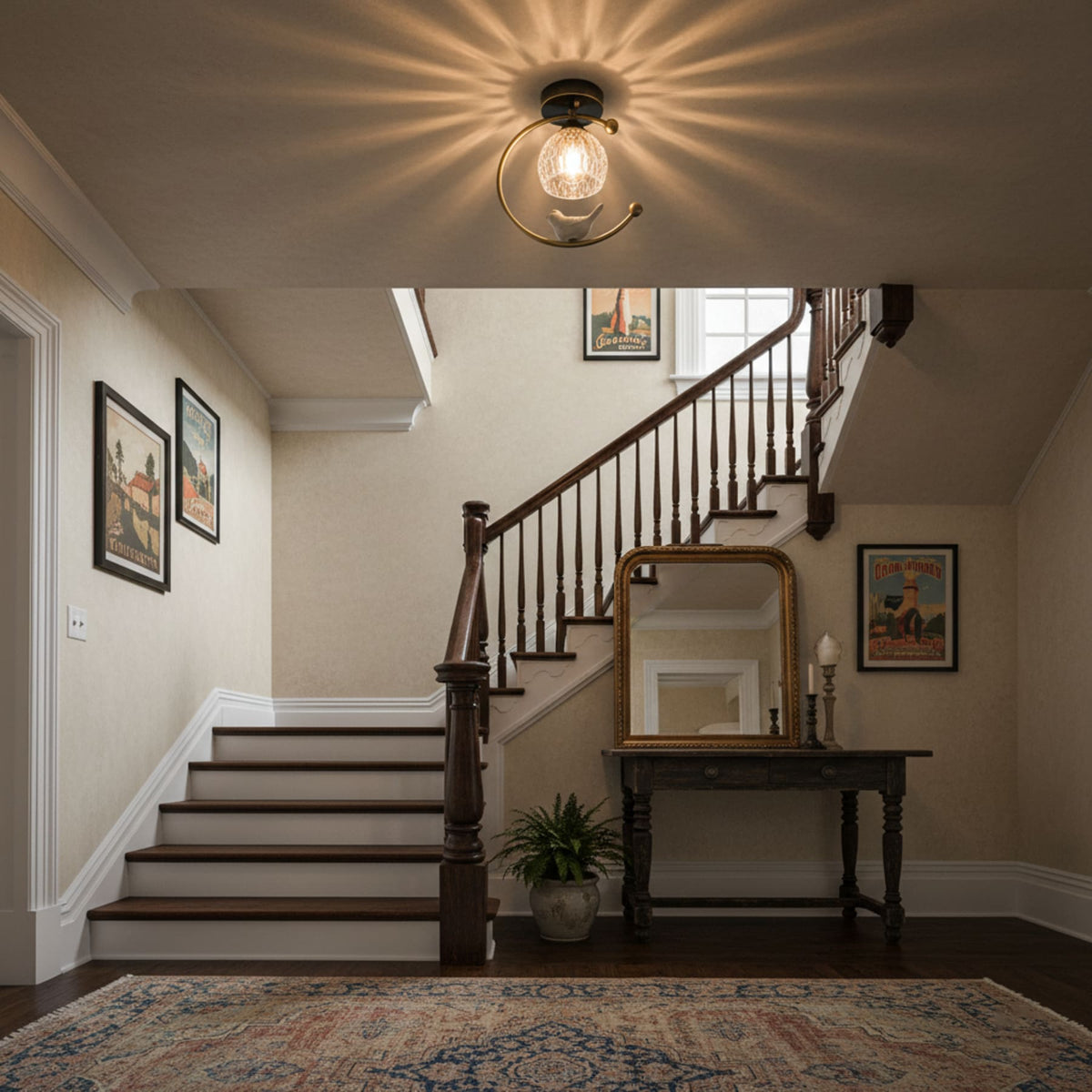Bird and Textured Glass Semi-Flush Ceiling Light