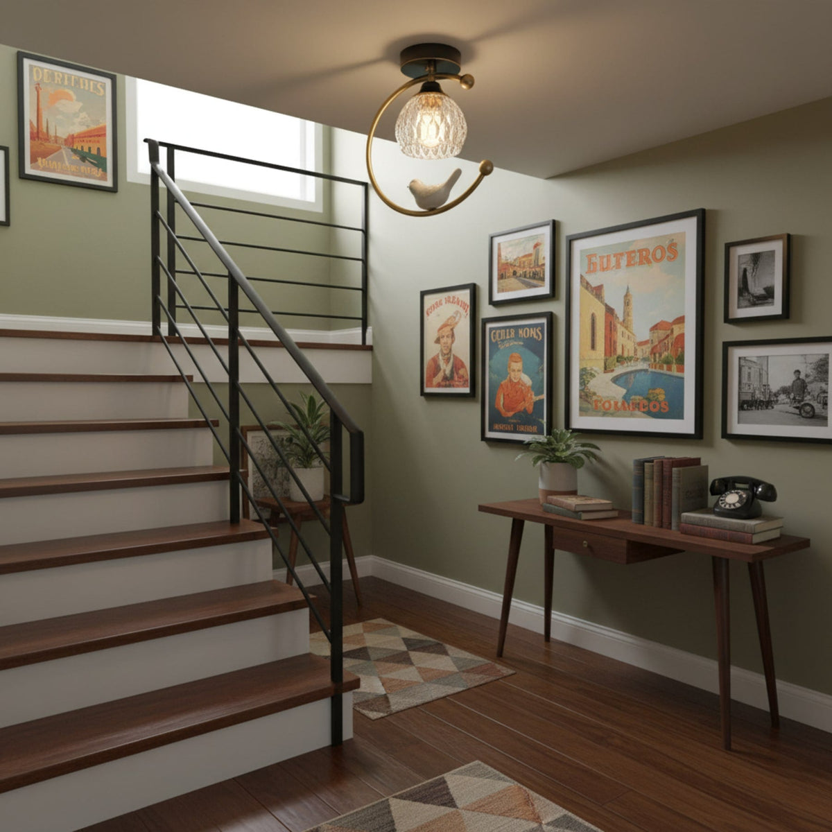 Bird and Textured Glass Semi-Flush Ceiling Light