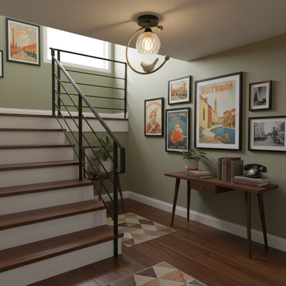 Bird and Textured Glass Semi-Flush Ceiling Light