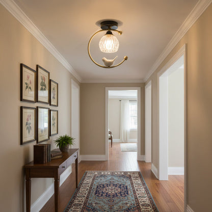 Bird and Textured Glass Semi-Flush Ceiling Light