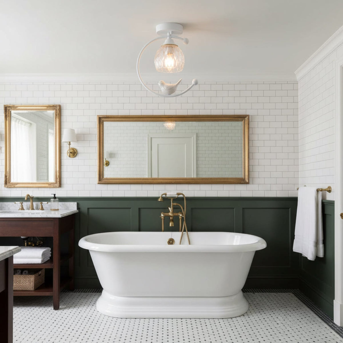 Bird and Textured Glass Semi-Flush Ceiling Light