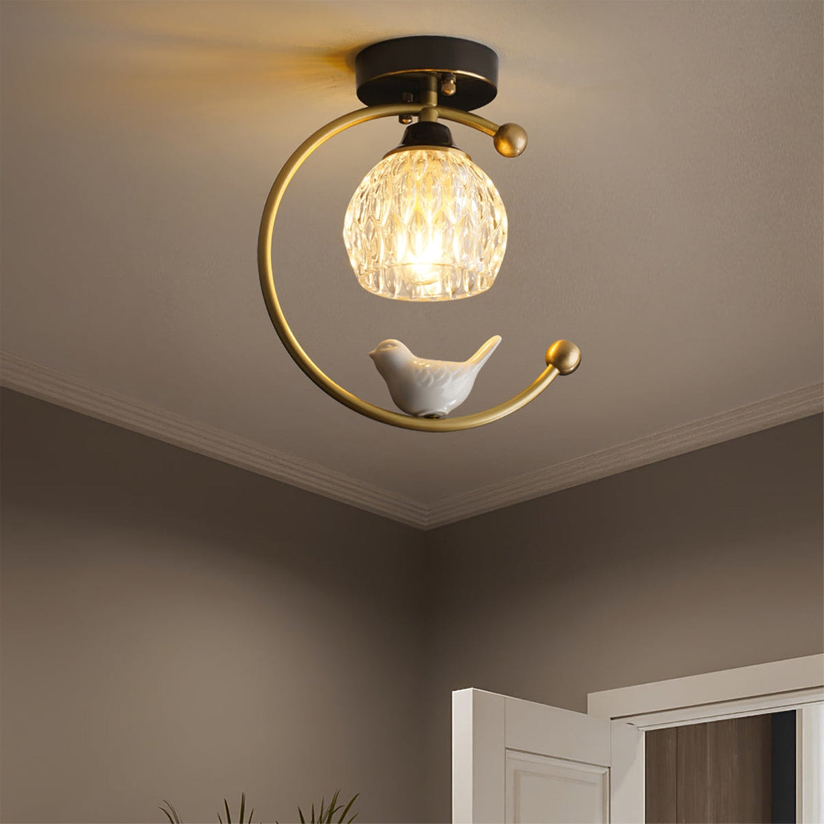 Bird and Textured Glass Semi-Flush Ceiling Light