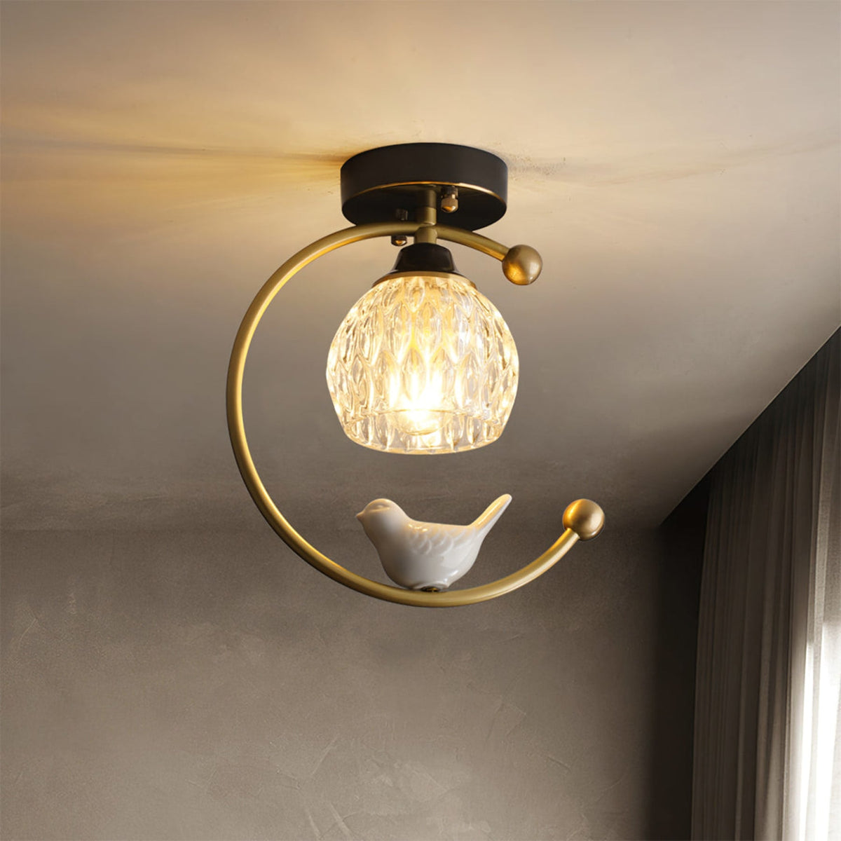 Bird and Textured Glass Semi-Flush Ceiling Light