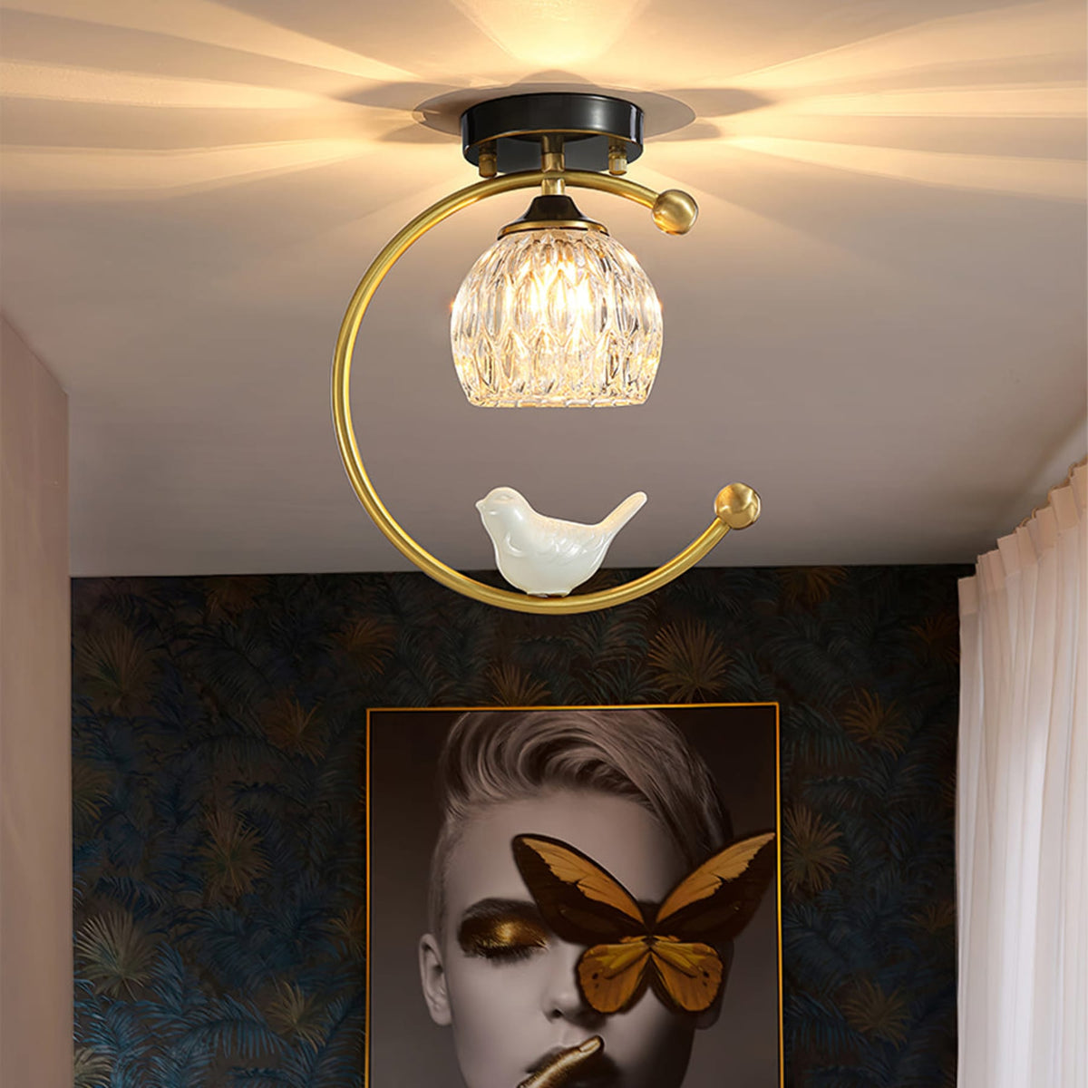 Bird and Textured Glass Semi-Flush Ceiling Light
