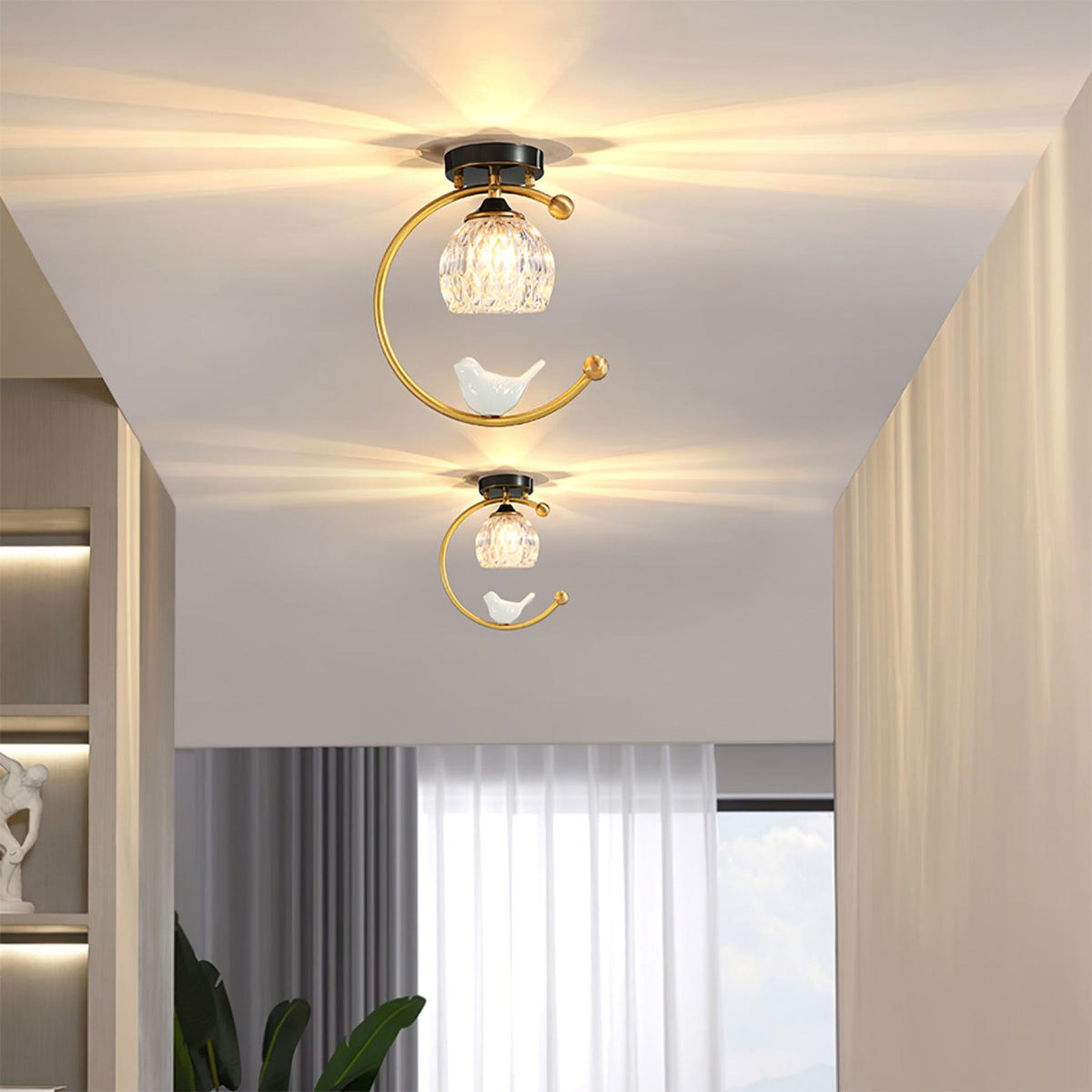 Bird and Textured Glass Semi-Flush Ceiling Light