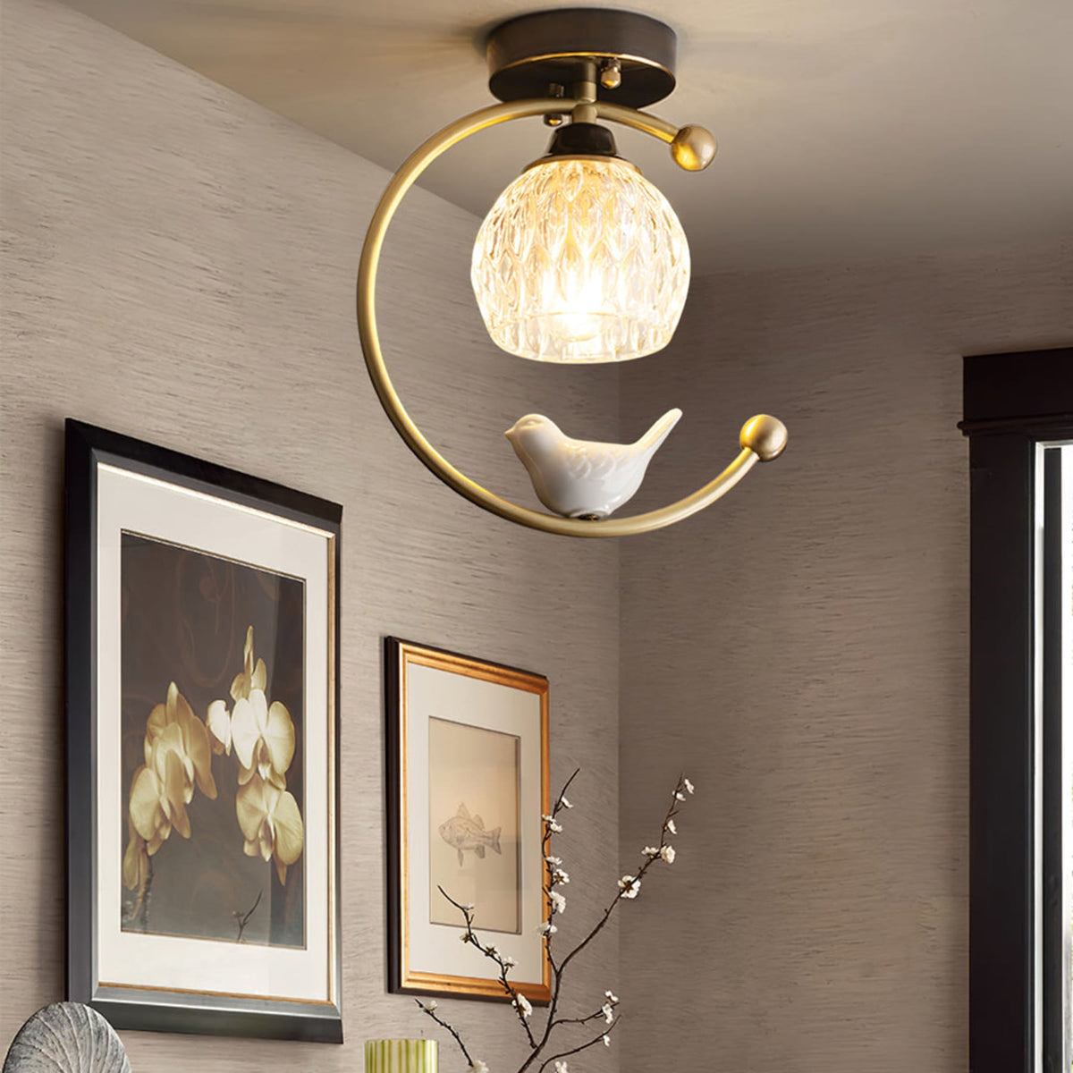 Bird and Textured Glass Semi-Flush Ceiling Light