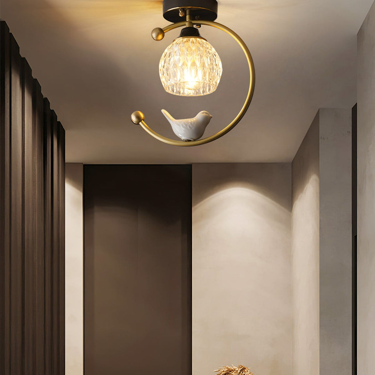 Bird and Textured Glass Semi-Flush Ceiling Light
