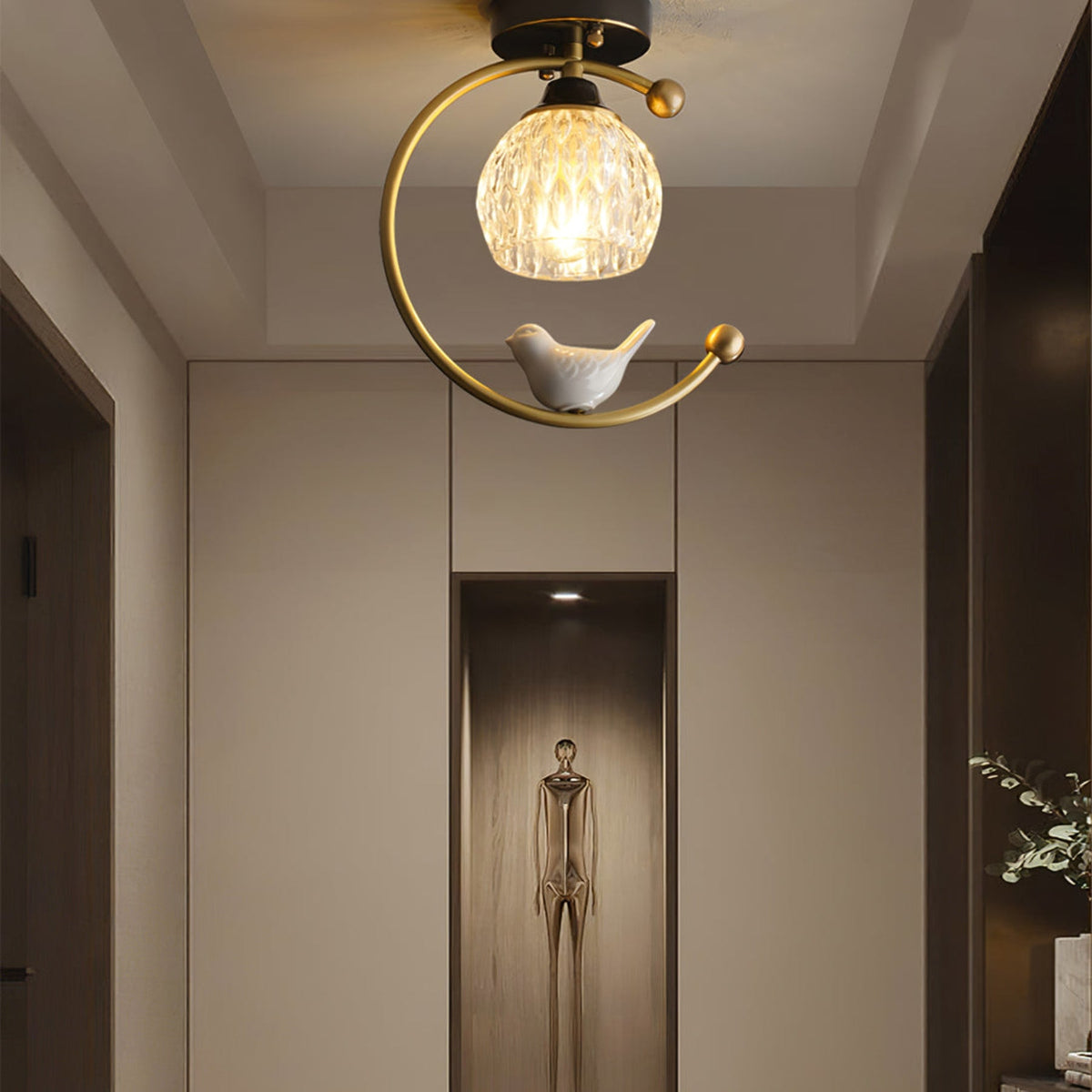 Bird and Textured Glass Semi-Flush Ceiling Light