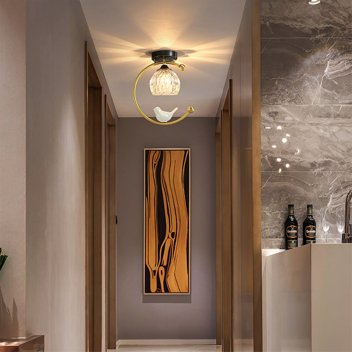 Bird and Textured Glass Semi-Flush Ceiling Light