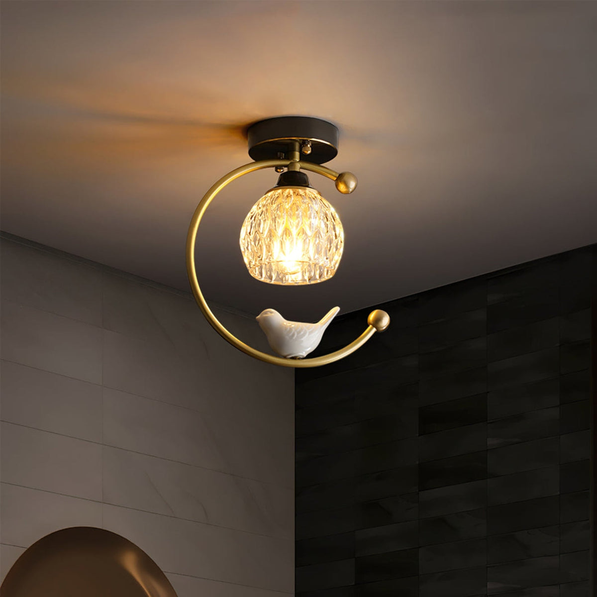 Bird and Textured Glass Semi-Flush Ceiling Light