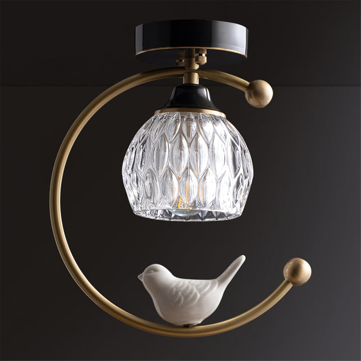 Bird and Textured Glass Semi-Flush Ceiling Light