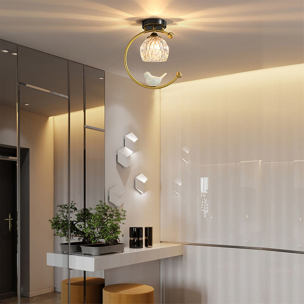 Bird and Textured Glass Semi-Flush Ceiling Light