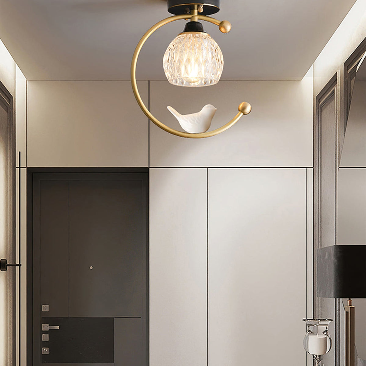 Bird and Textured Glass Semi-Flush Ceiling Light