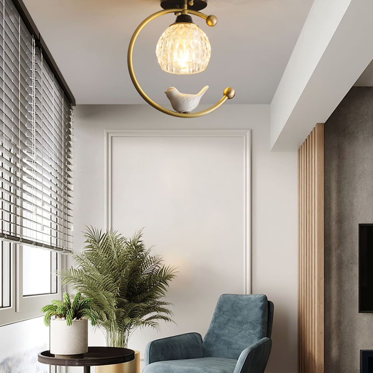 Bird and Textured Glass Semi-Flush Ceiling Light