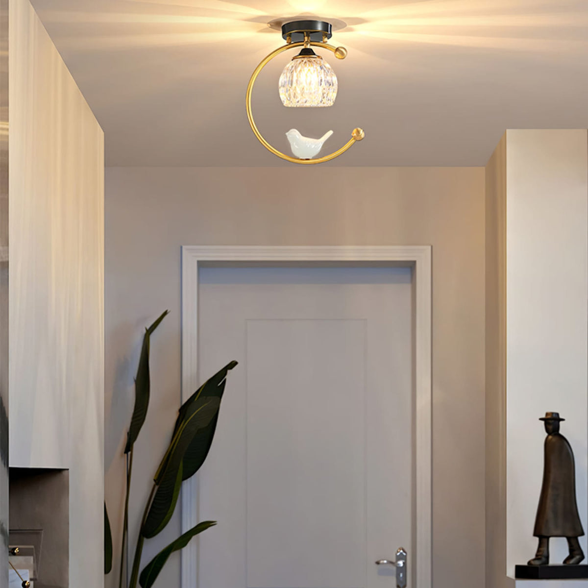 Bird and Textured Glass Semi-Flush Ceiling Light