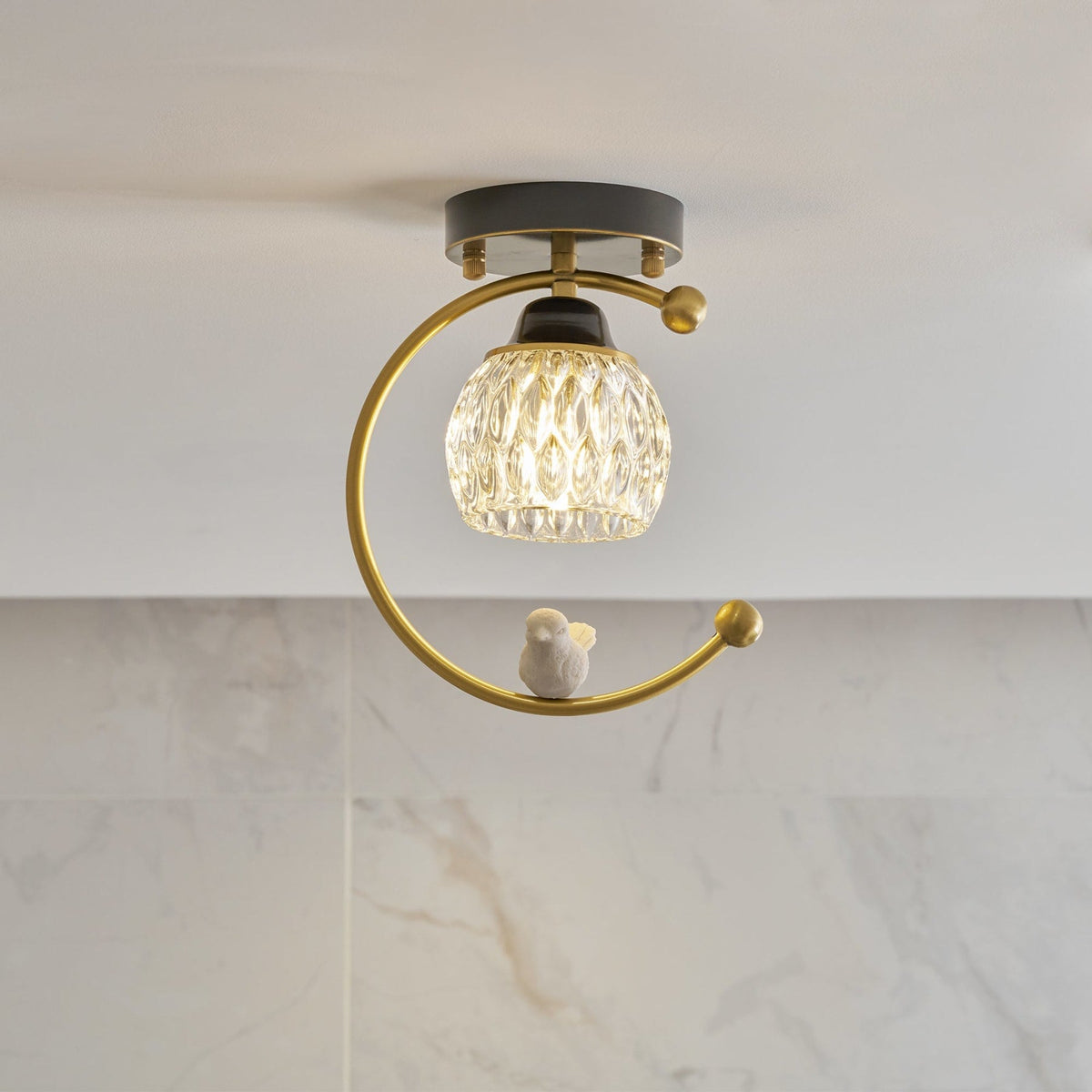 Bird and Textured Glass Semi-Flush Ceiling Light