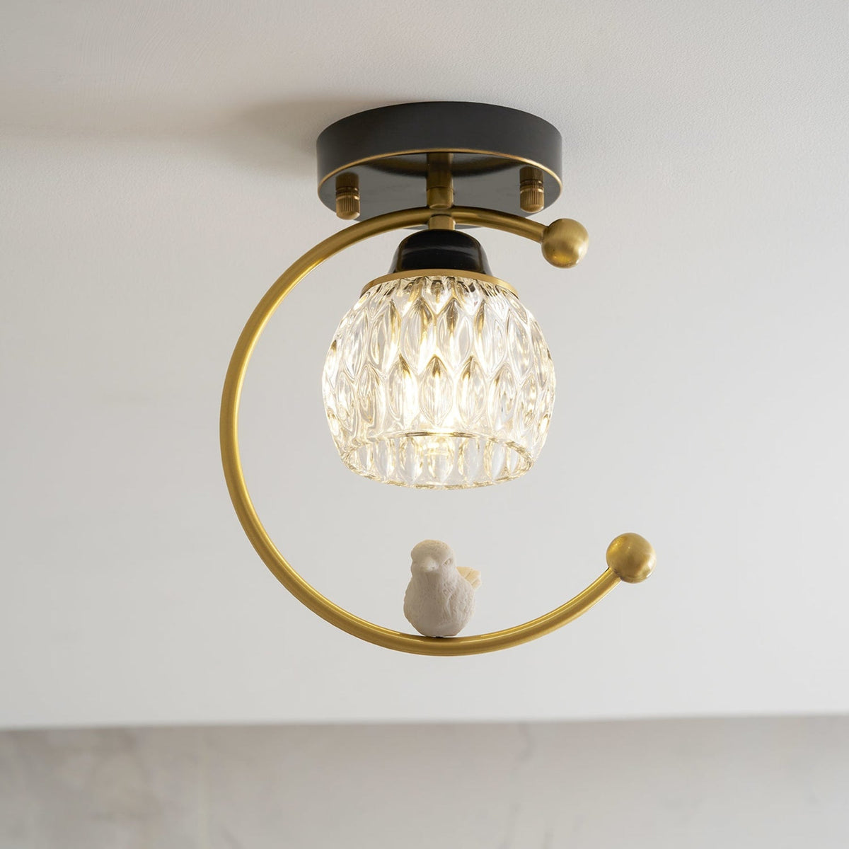 Bird and Textured Glass Semi-Flush Ceiling Light