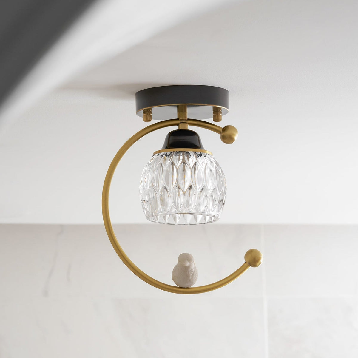 Bird and Textured Glass Semi-Flush Ceiling Light
