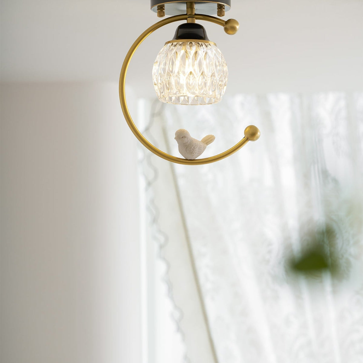Bird and Textured Glass Semi-Flush Ceiling Light
