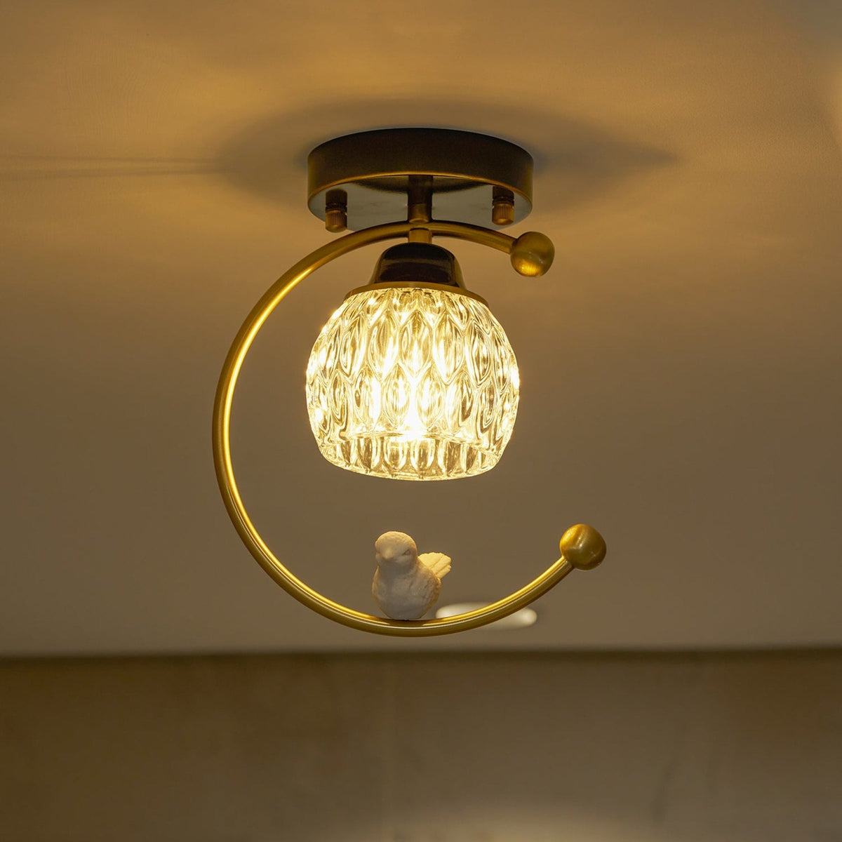 Bird and Textured Glass Semi-Flush Ceiling Light