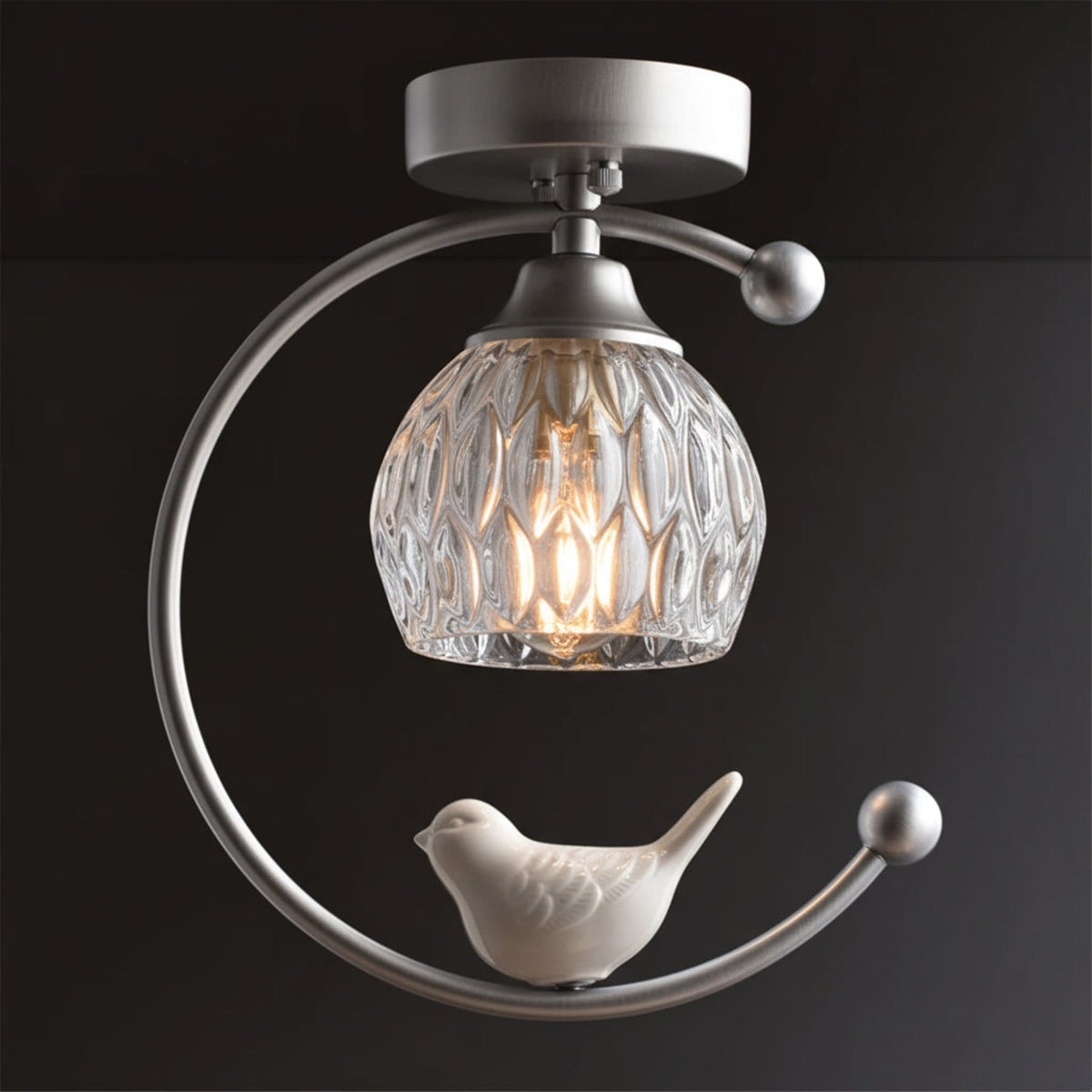 Bird and Textured Glass Semi-Flush Ceiling Light