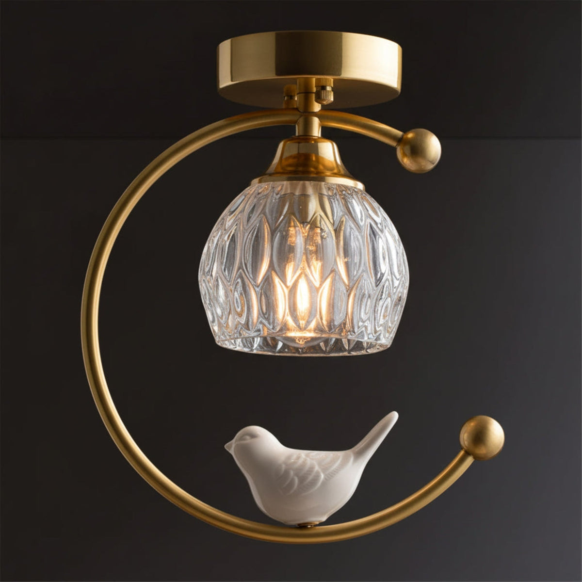 Bird and Textured Glass Semi-Flush Ceiling Light