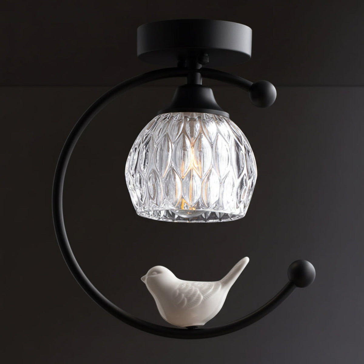 Bird and Textured Glass Semi-Flush Ceiling Light