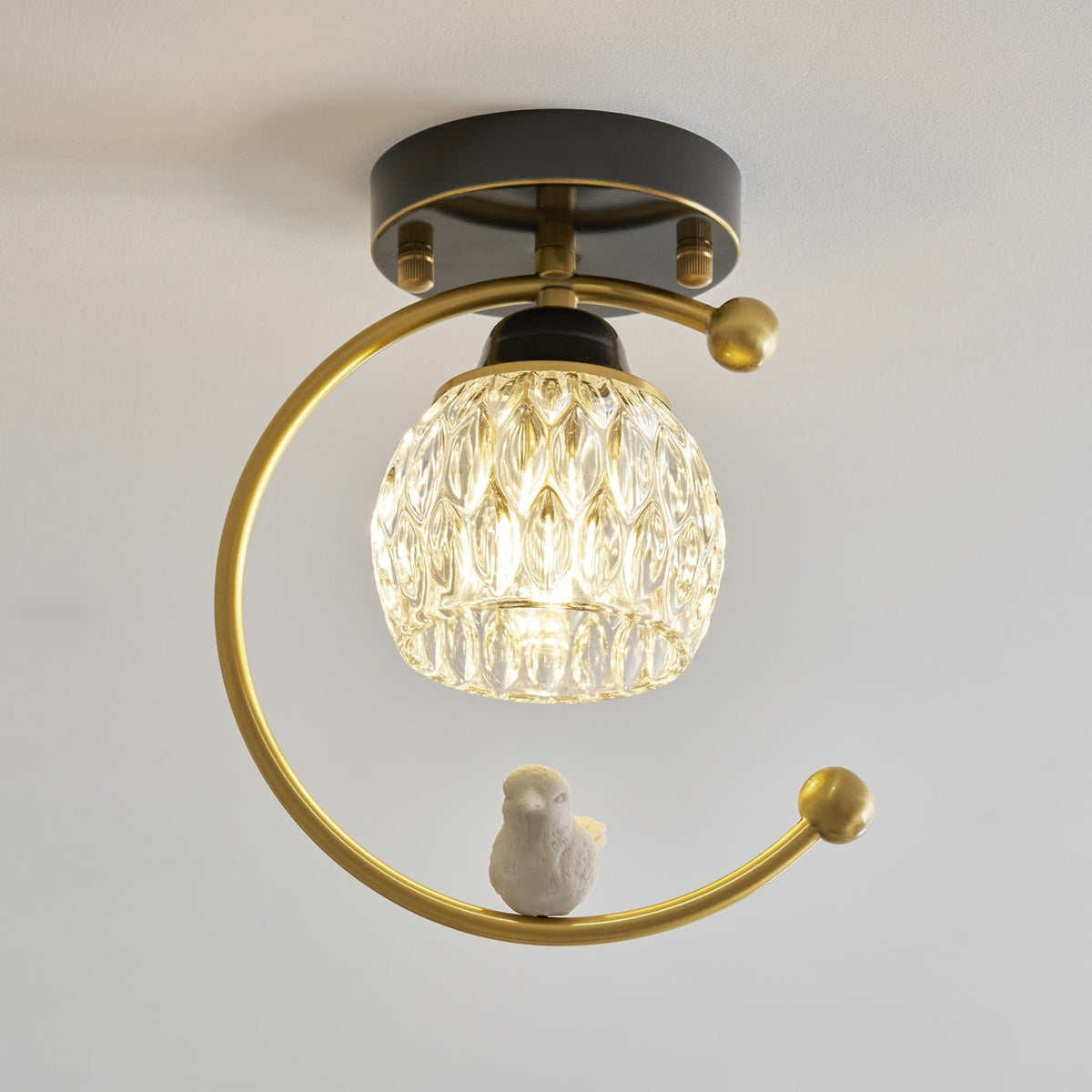 Bird and Textured Glass Semi-Flush Ceiling Light
