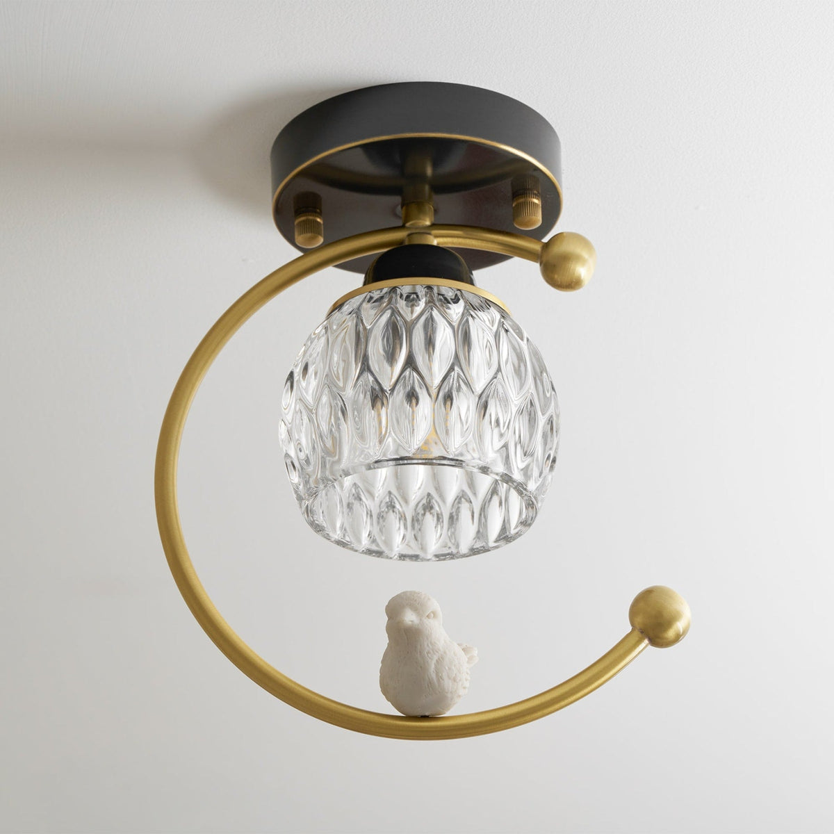 Bird and Textured Glass Semi-Flush Ceiling Light