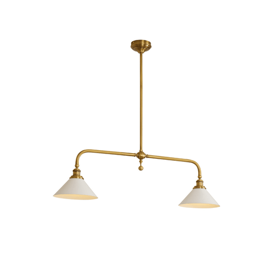 Two-shade brass pendant light with central suspension rod