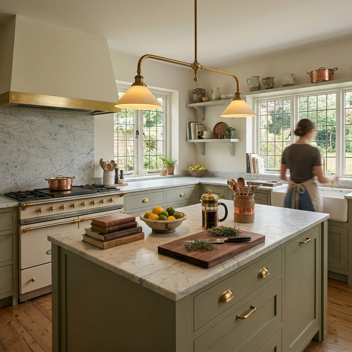 Illuminated ceramic pendant shades in a kitchen