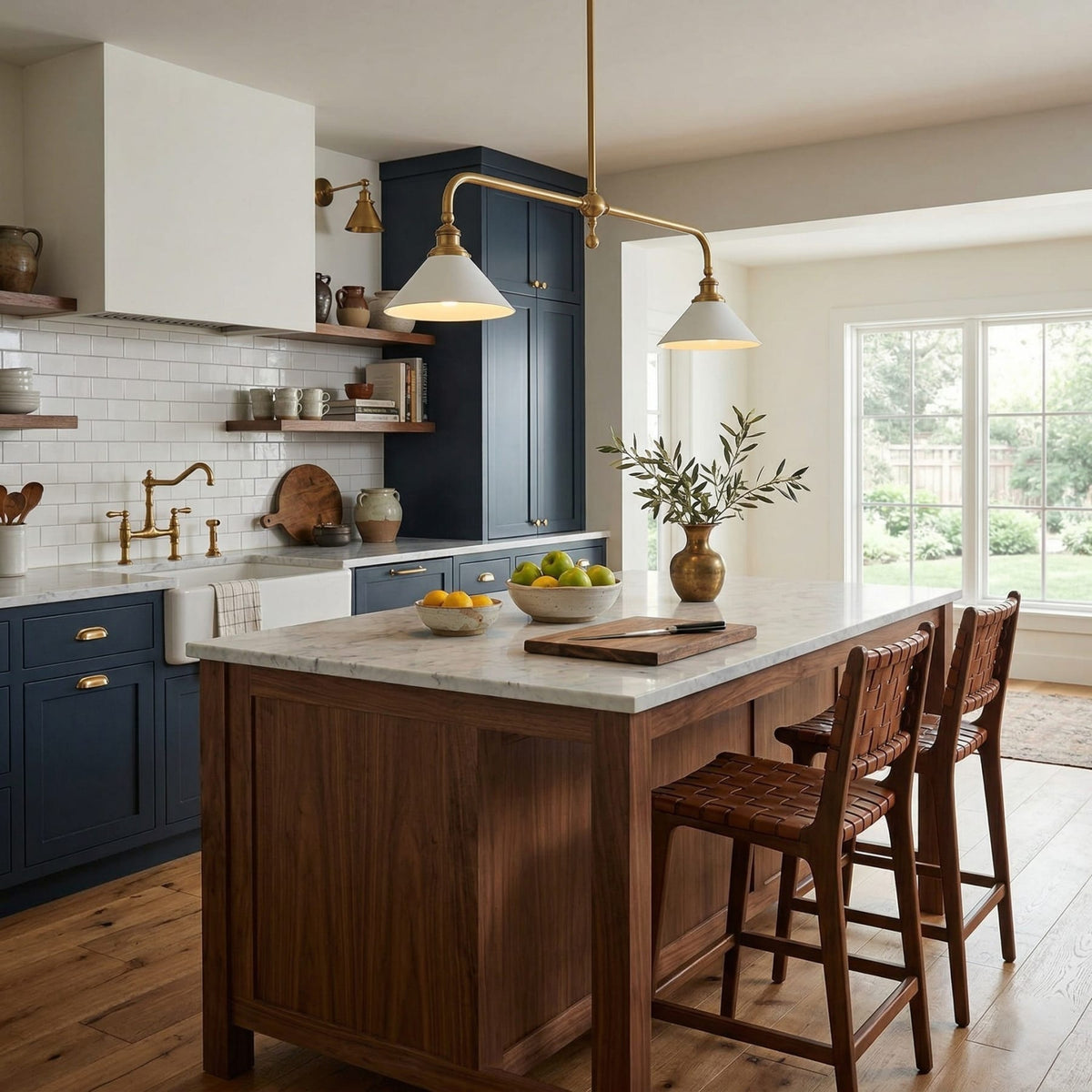 White ceramic pendant shades above a timber kitchen island