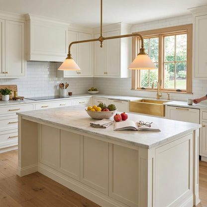 Two-light brass pendant in a white kitchen