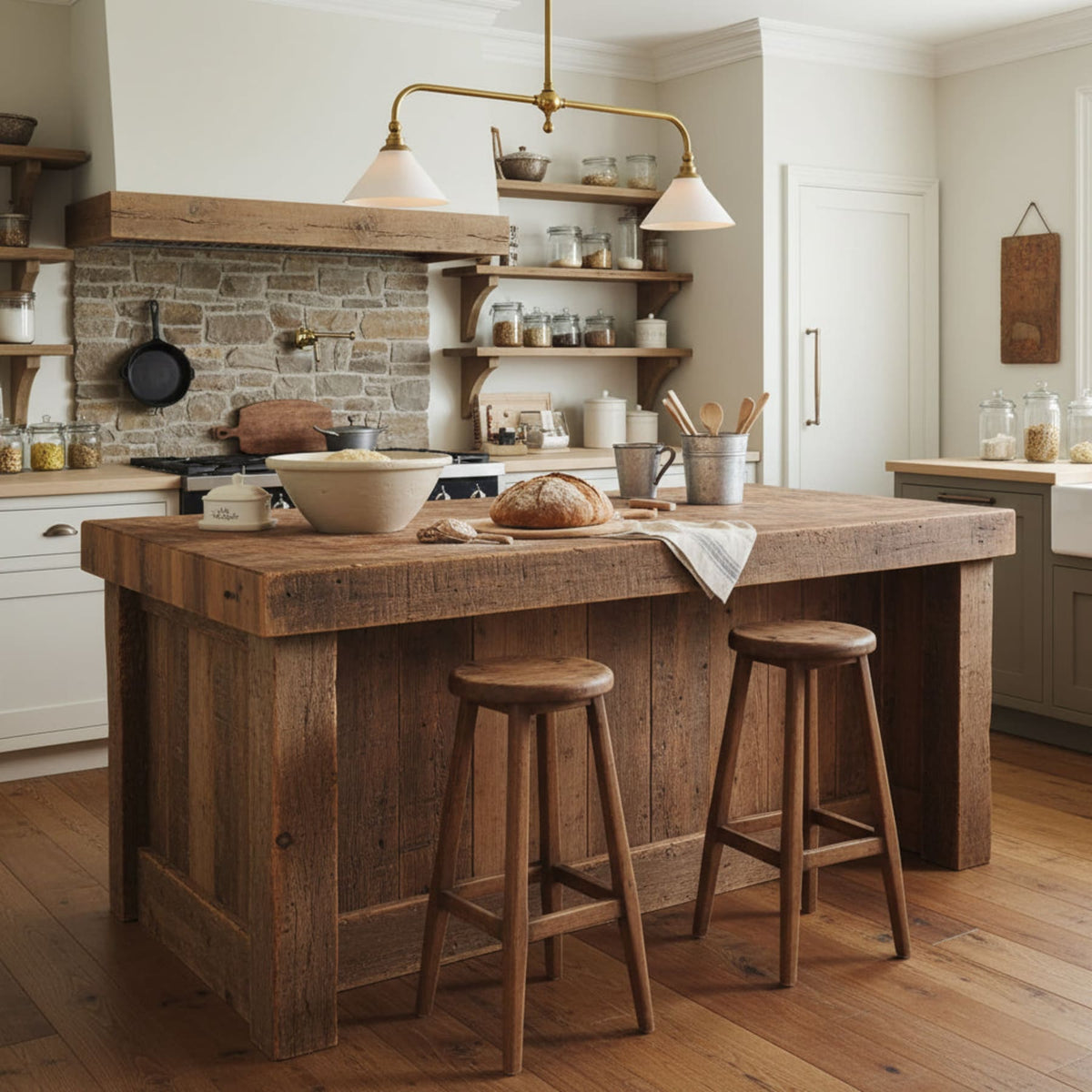 Brass pendant above a timber kitchen island