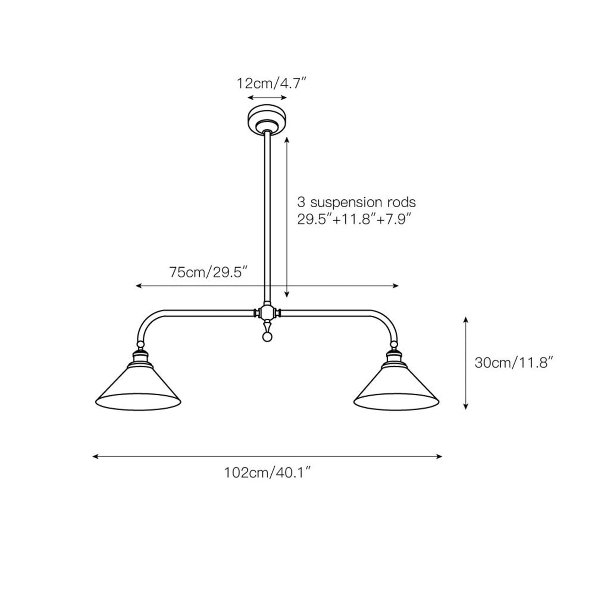 102cm two-light pendant dimensions and suspension rods