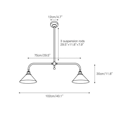 102cm two-light pendant dimensions and suspension rods