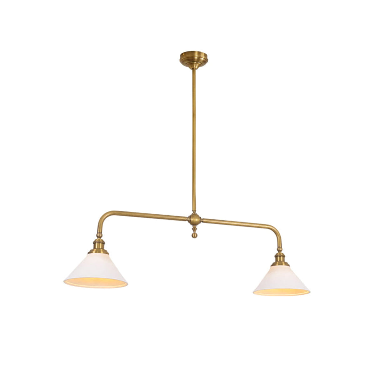 Brass two-light ceramic pendant illuminated