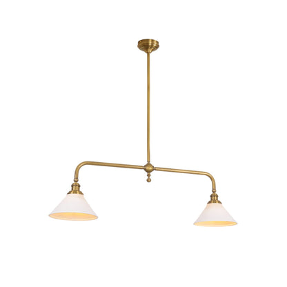 Brass two-light ceramic pendant illuminated