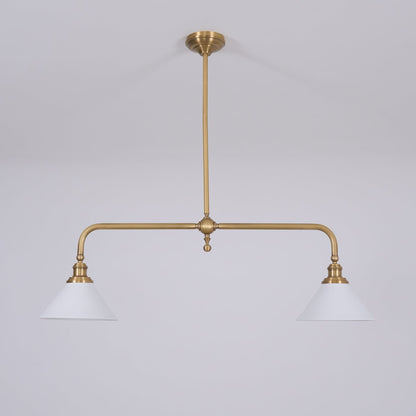Front view of brass frame and two ceramic shades