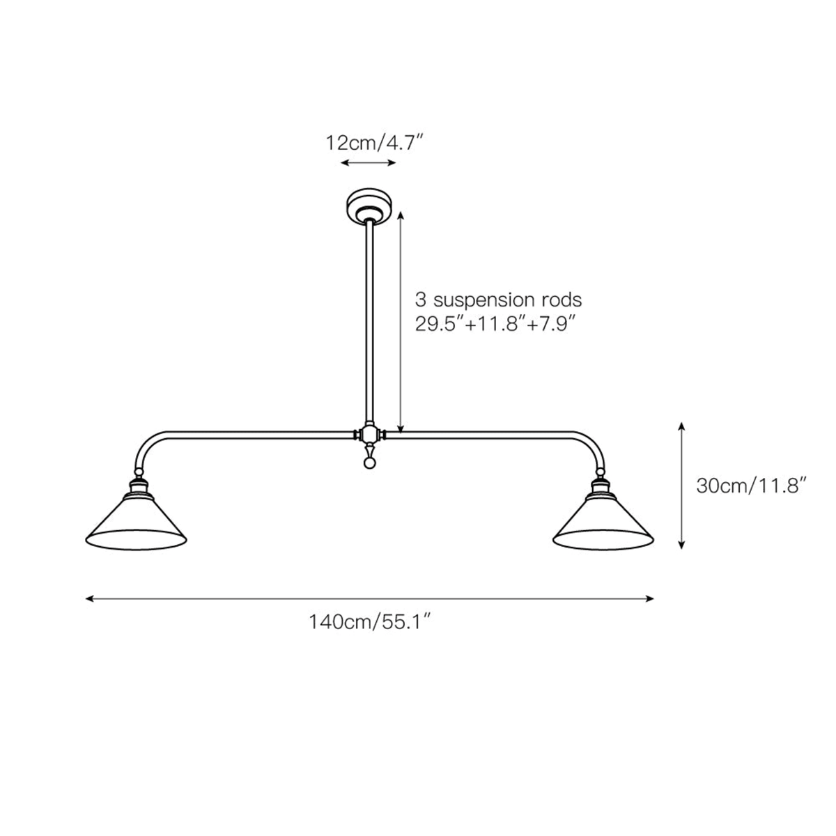 140cm two-light pendant dimension diagram