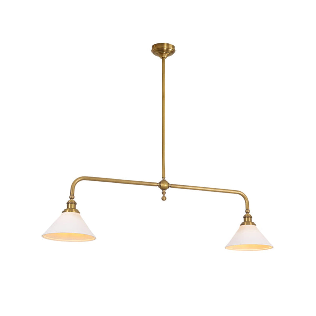 Brass two-light pendant with white ceramic shades illuminated