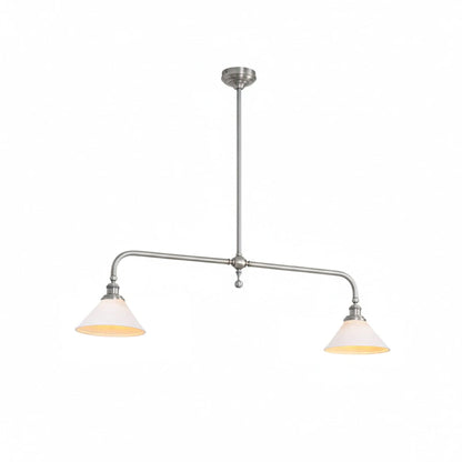 Silver-tone two-light pendant with white ceramic shades illuminated