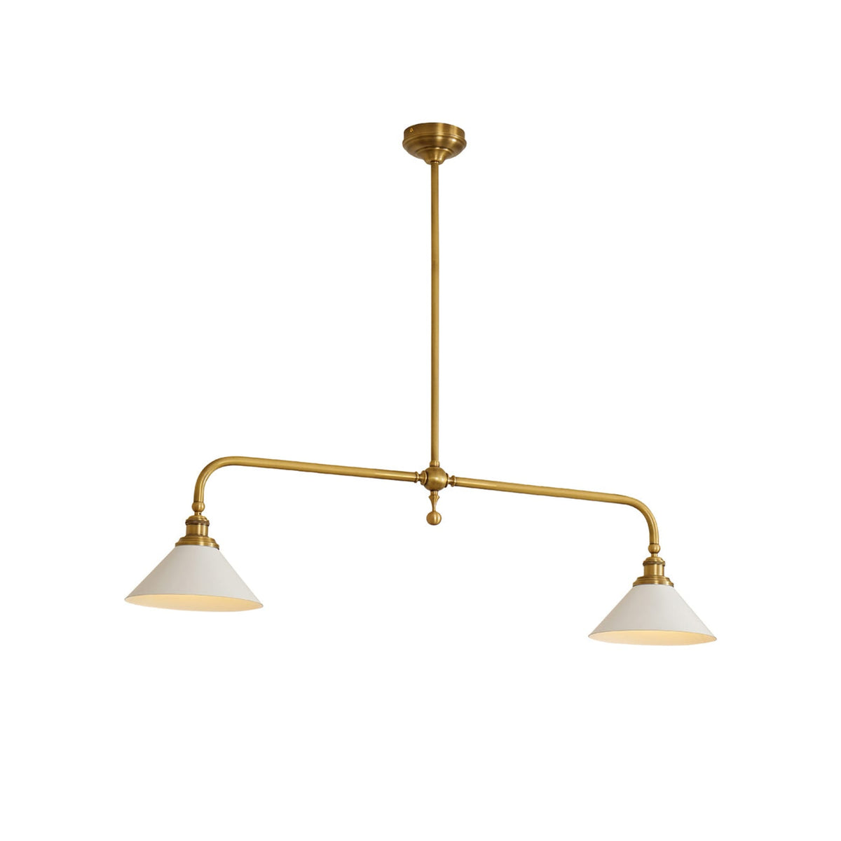 Brass two-light pendant with white ceramic shades