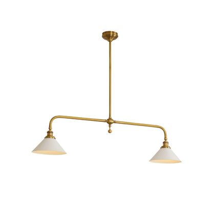 Brass two-light pendant with white ceramic shades